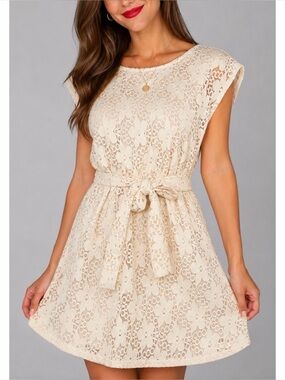 SHEEP • Cream Floral Lace Tie-Waist Mini Dress, M